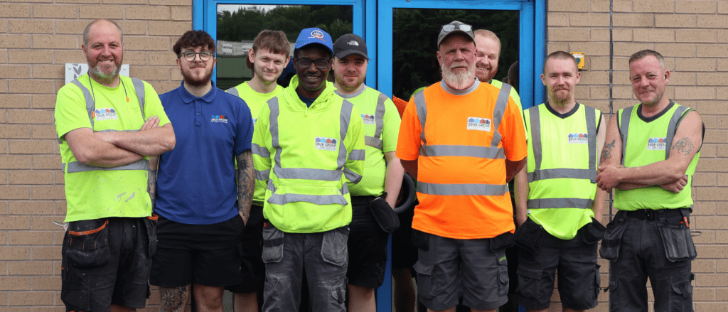 Part of the SBUK Group manufacturing team at the company's Yorkshire manufacturing facility, following the acquisition by SIP Building Systems (SBS).